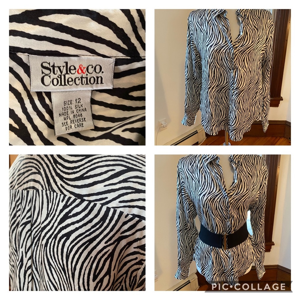 100% silk Style & Co blouse animal black & white